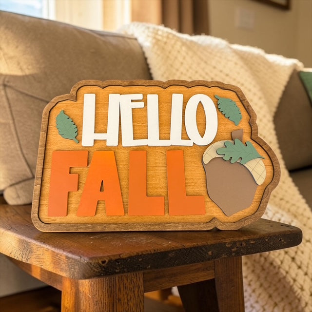 Hello Fall Layered Wooden Shelf Sign