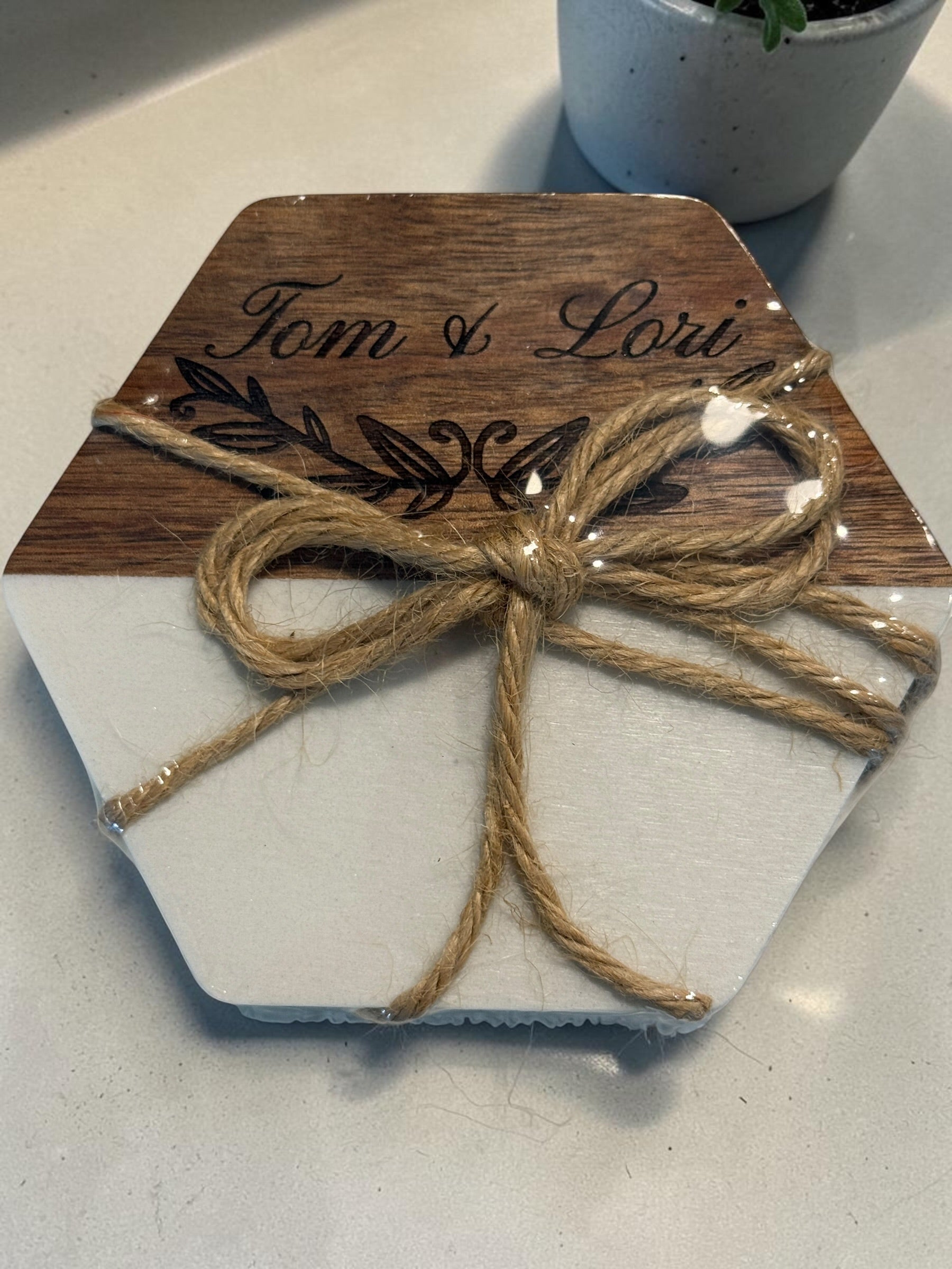 Set of 4 Personalized Marble/Wood Coasters - Custom Name/Image