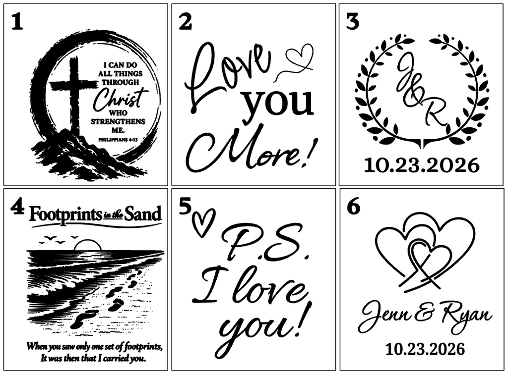 Six square black-and-white printable design cards arranged in a 2x3 grid, each with a different typographic or scenic graphic: a cross with Bible verse, 'Love you More!', a monogram wreath with date, footprints with quote, 'P.S.