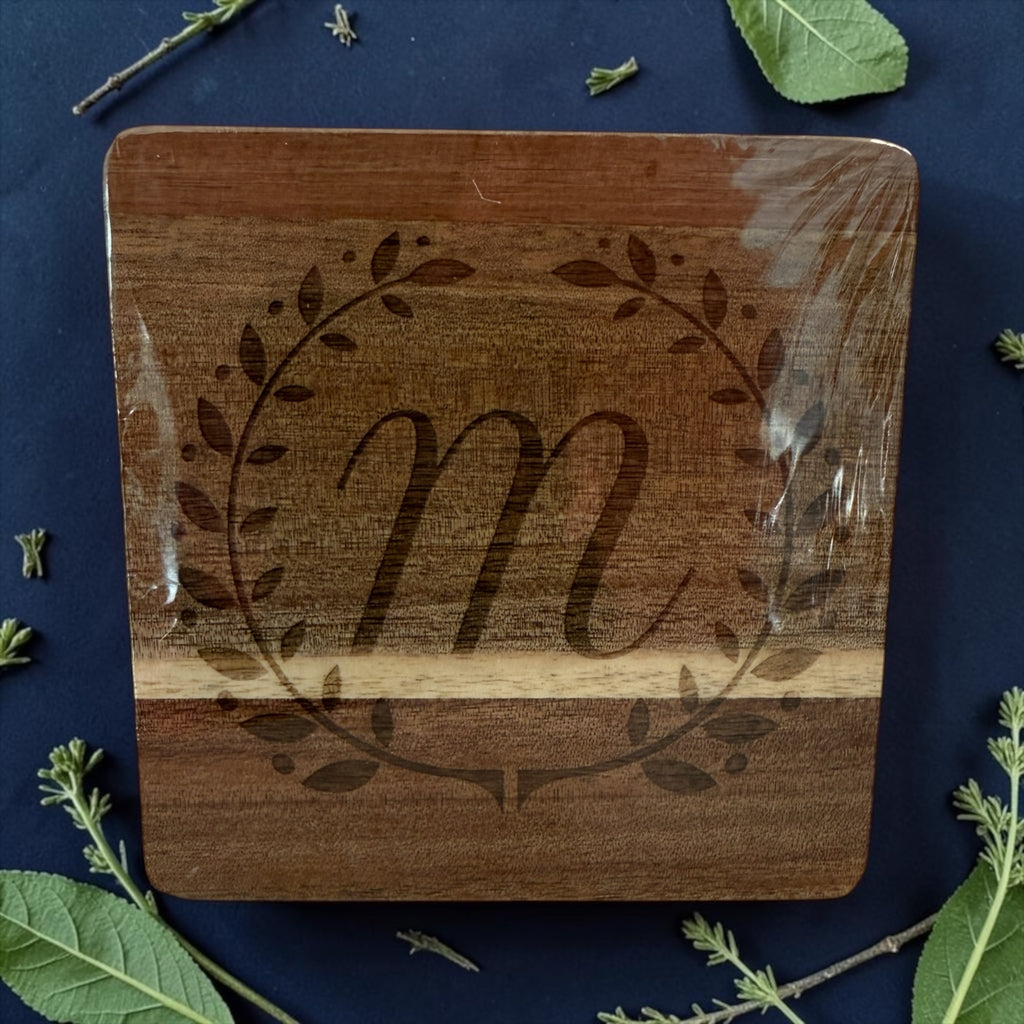 Set of 4 Personalized Acacia Wood Coasters — Custom Initial Monogram