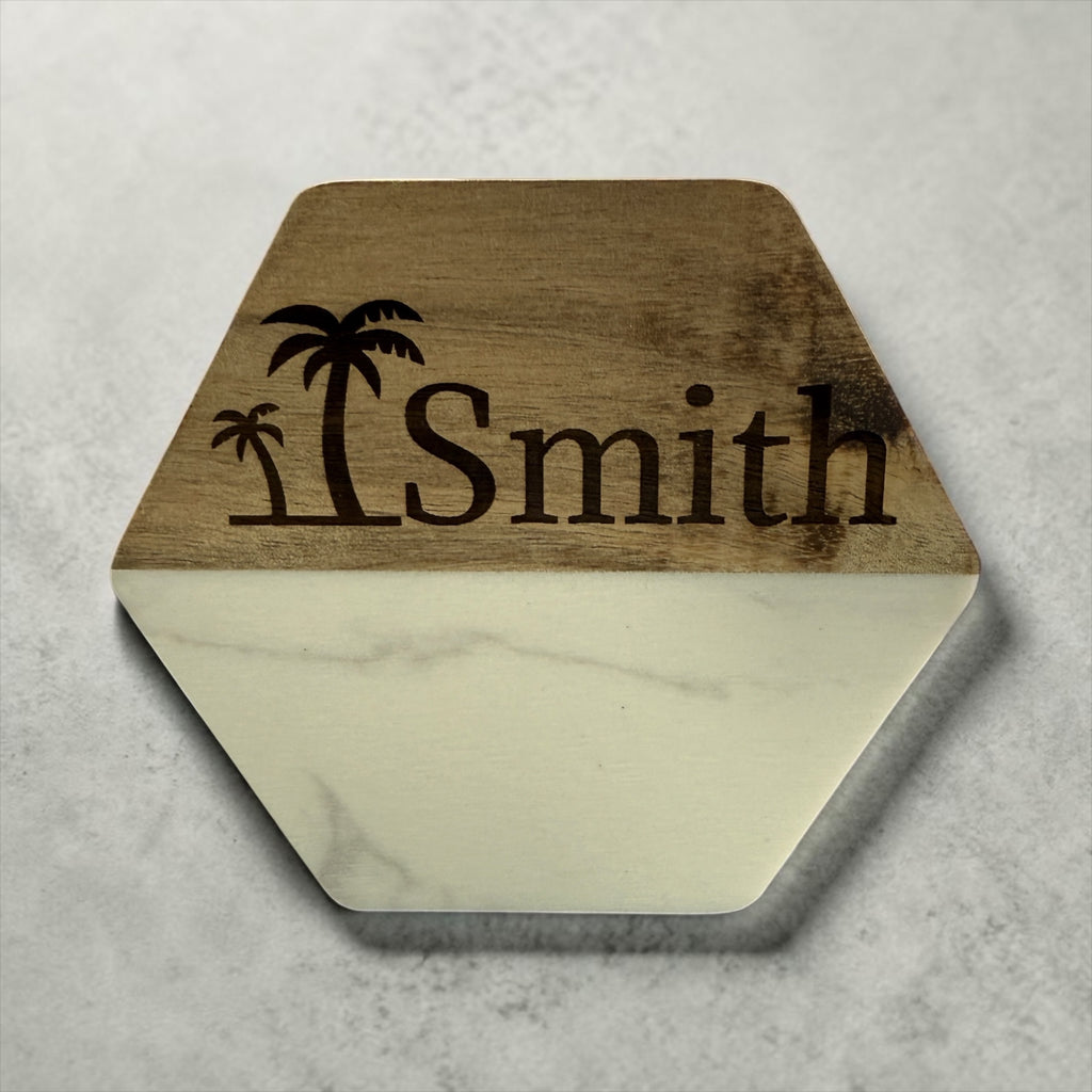 Set of 4 Personalized Marble/Wood Coasters - Custom Name/Image
