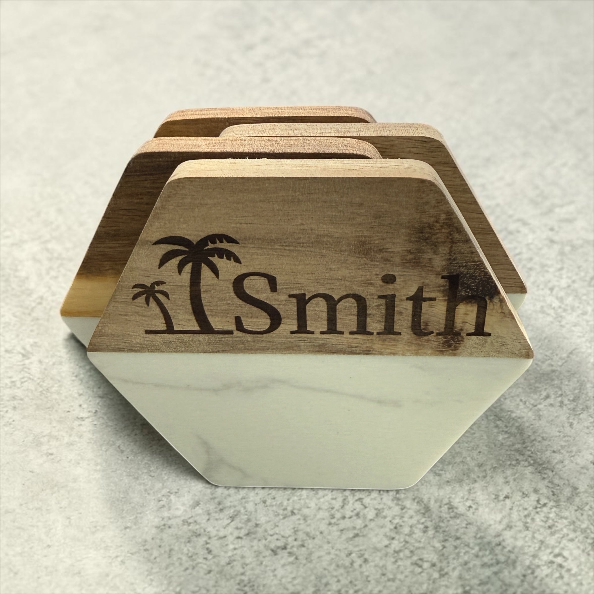 Set of 4 Personalized Marble/Wood Coasters - Custom Name/Image