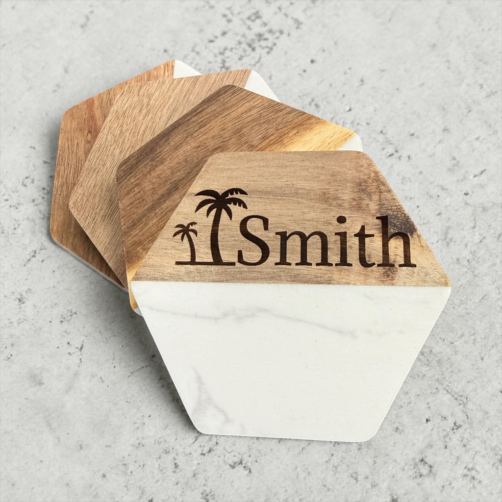 Set of 4 Personalized Marble/Wood Coasters - Custom Name/Image