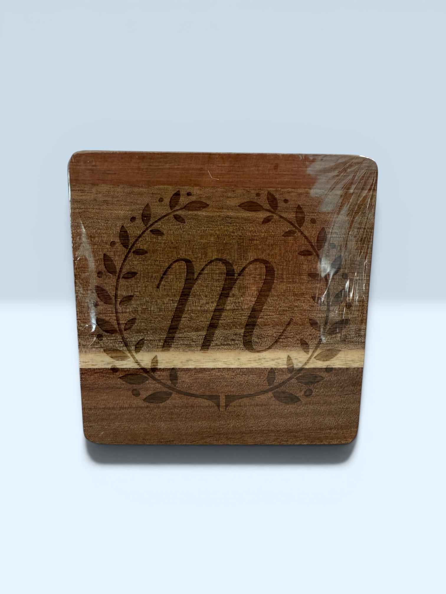 Set of 4 Personalized Acacia Wood Coasters — Custom Initial Monogram